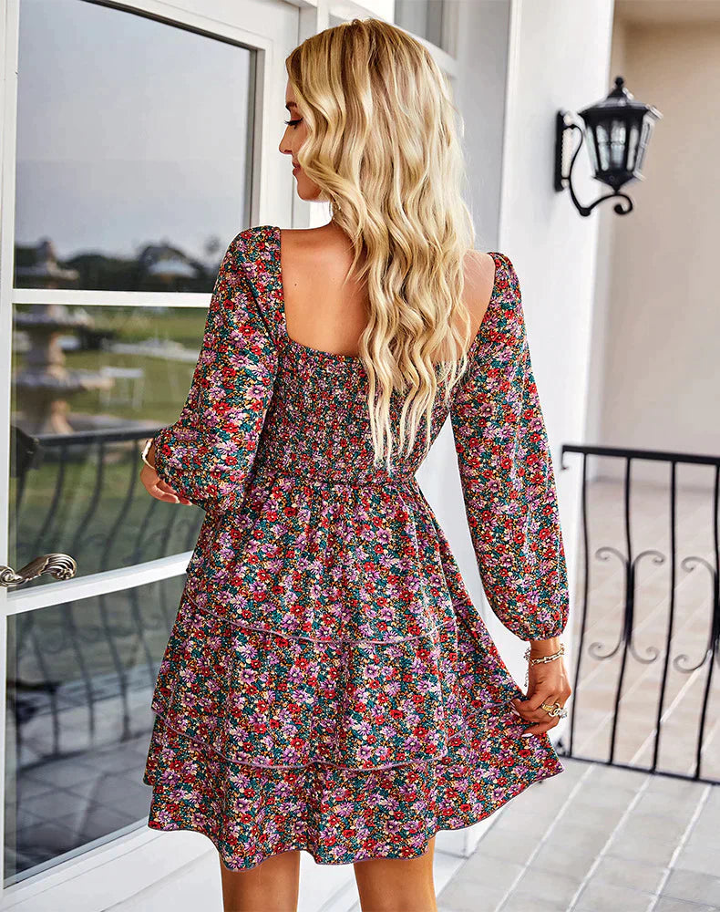 Square Neck Long Sleeve Printed Dress