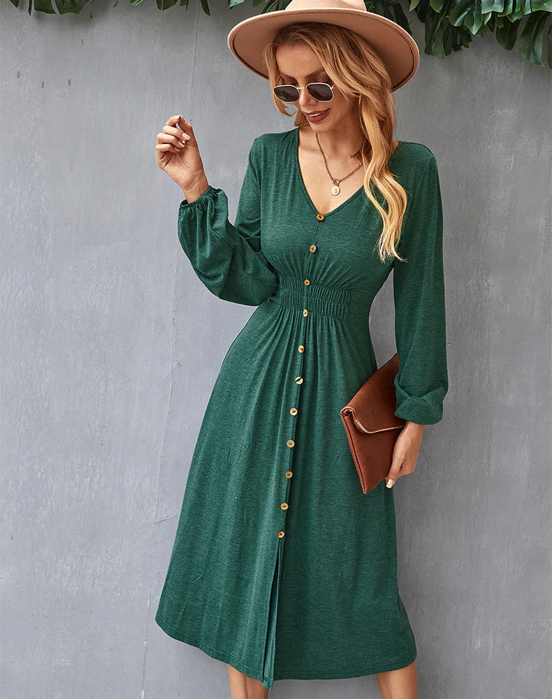 V-NECK LONG SLEEVE A-LINE DRESS