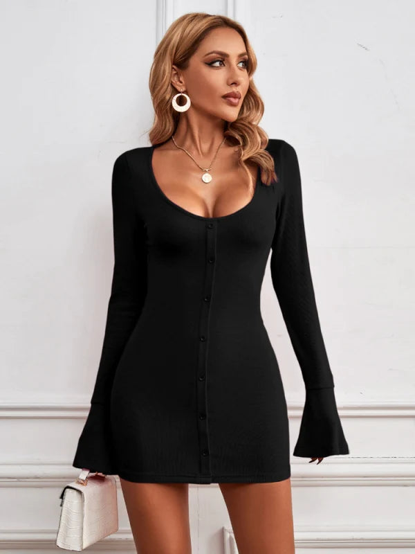 Single-Breasted Knitted Long-Sleeved Dress