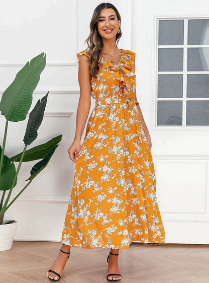 V-Neck Floral Pleated Dress