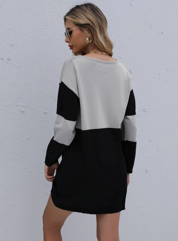 Turtleneck Loose Knit Stitching Sweater Dress