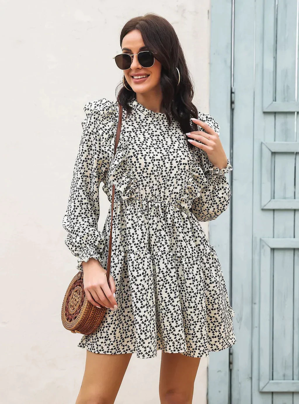 Wood Ear Collar Long Sleeve Printed Dress with Ruffled Detail