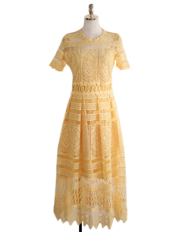 Yellow Lace Summer Style Short Sleeve Hollow Out Midi Vintage Dress