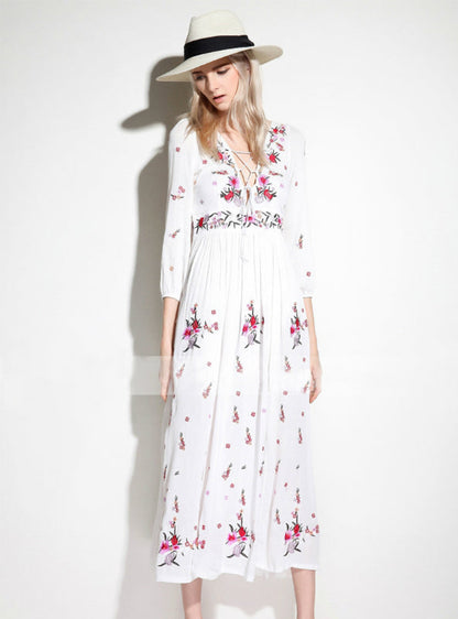 Tassel Embroidery Full-Length Flowered Dress