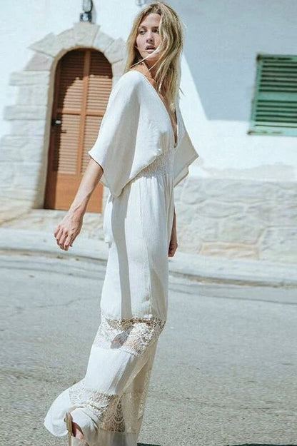 Vintage White Lace Patchwork Bohemian Maxi Dress