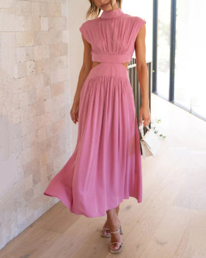 Solid color long dress with stand collar and waist tie