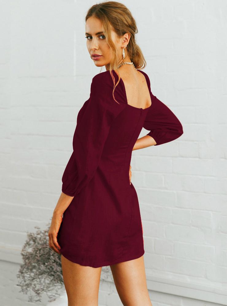 Slim Long Sleeve Dress with Square Collar