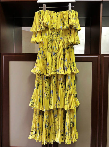 Yellow Bohemian Long Dress with Ruffle Pleated Printing