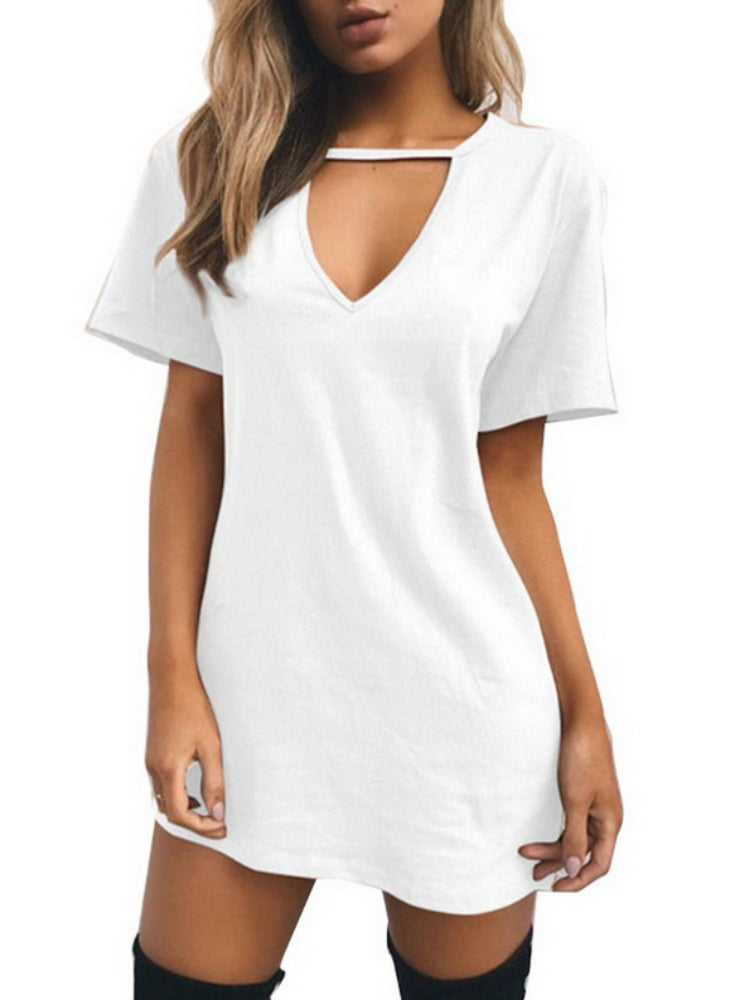 V Neck Cotton Summer Dress Women Solid Casual Loose