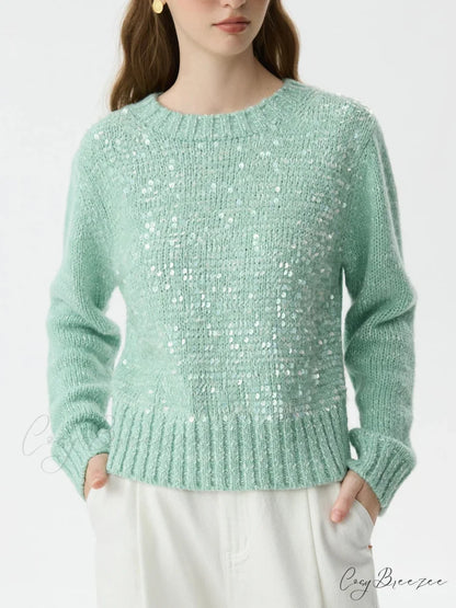 5.9% Sheep Wool Sequined Long Sleeve Sweater Green / XS swraters-241228