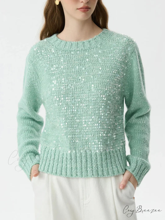 5.9% Sheep Wool Sequined Long Sleeve Sweater Green / XS swraters-241228