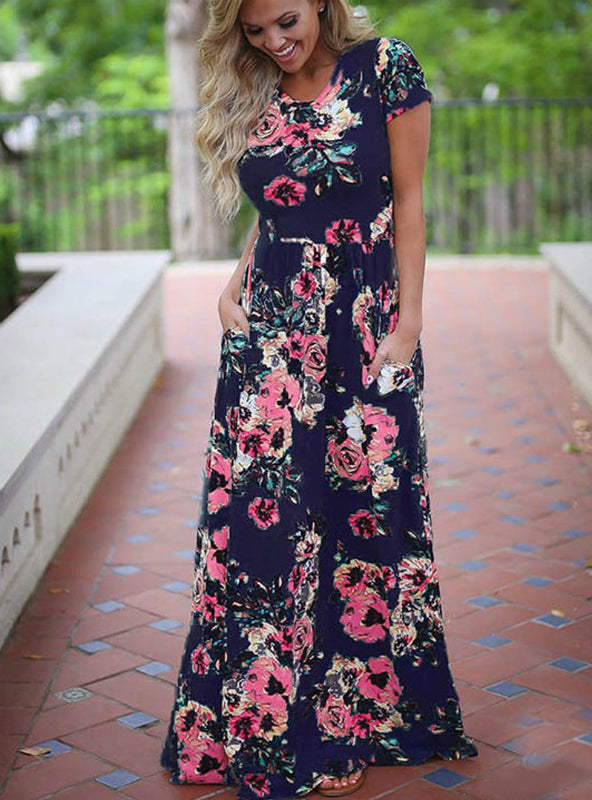 Boho Beach Maxi Dress with Short Sleeves