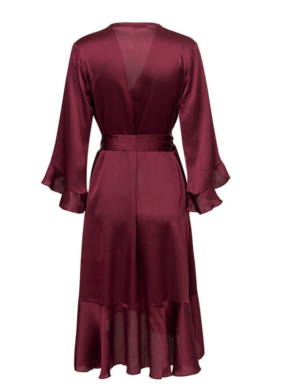 Satin Solid Dress with Ruffle Flare Sleeves and Sash Wrap for Women