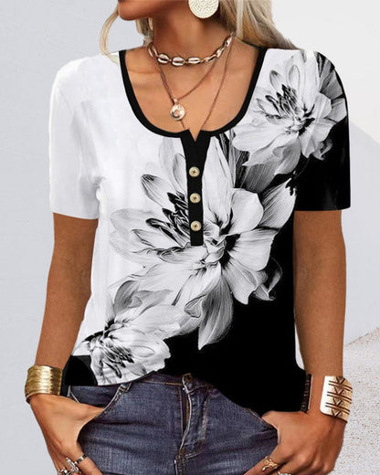 Arm Patterned U-Neck Brief Button Blouse