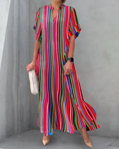 V-neck Dress in Stripe Print - Colorful