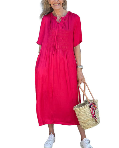 Red V-Neck Dress with Pleats