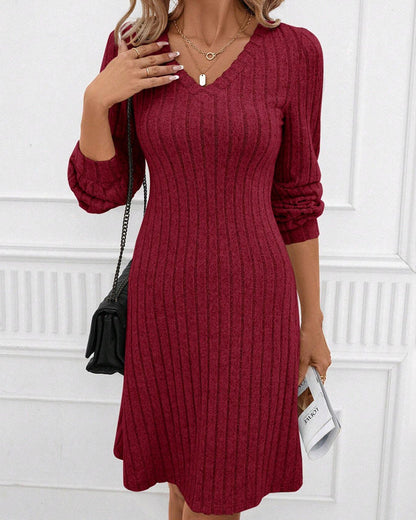 Ribbed V-neck Dress in Solid Color