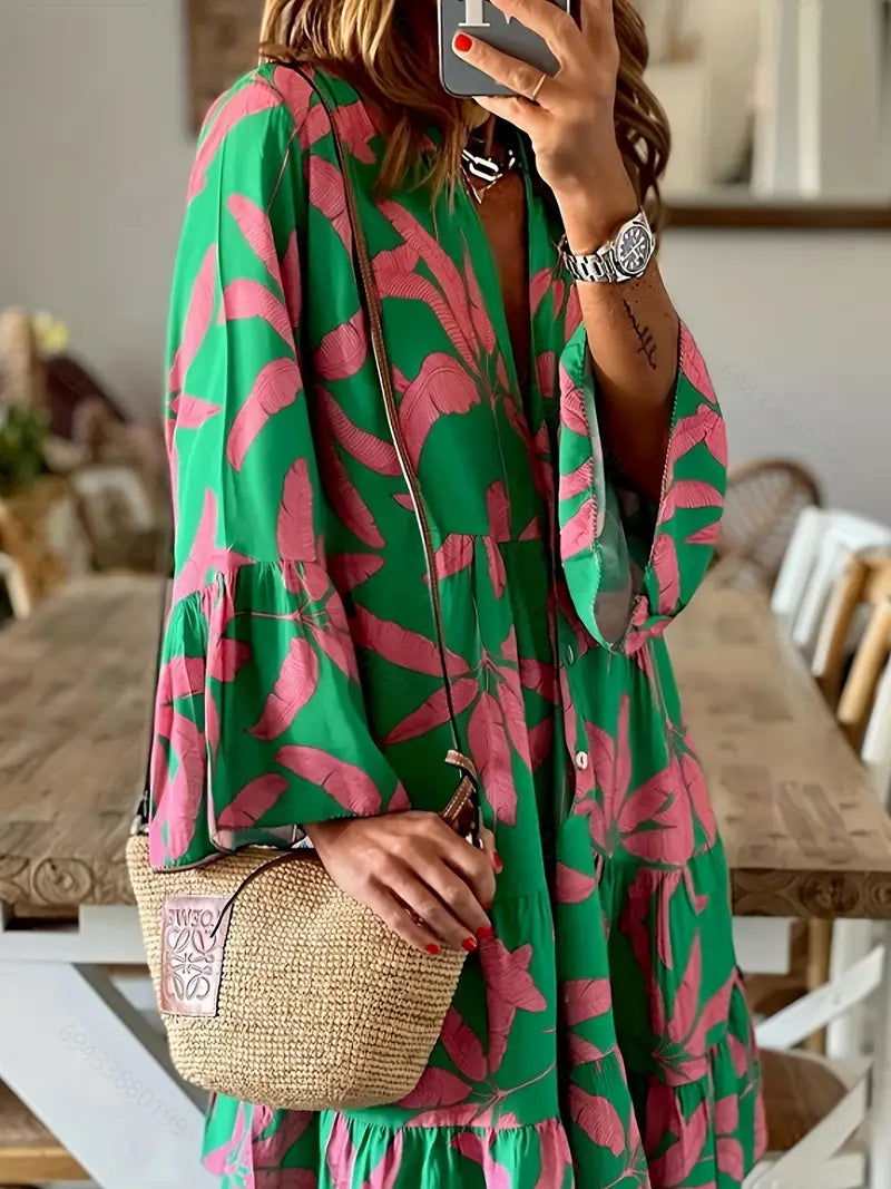 Tiered Long Sleeve Maxi Dress with Leaves Print