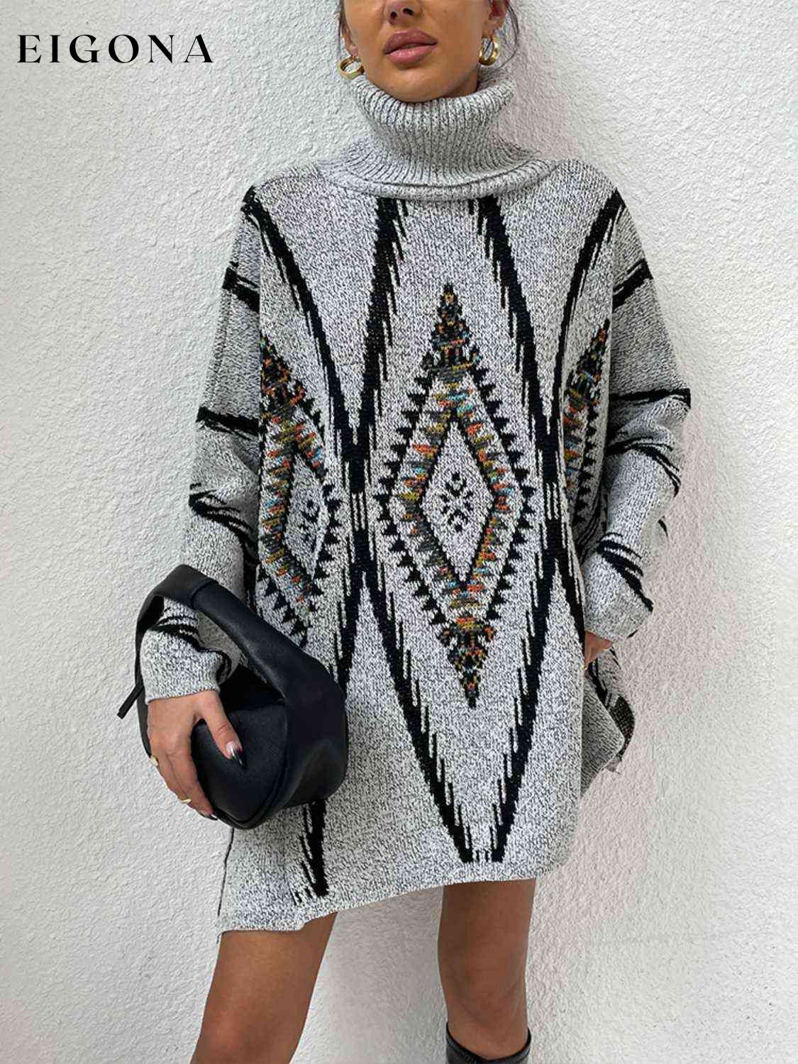 Cosybreezee - Turtleneck Slit Geometric Sweater