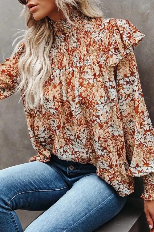 Ruffled Smocked Flowered Lantern Arm Blouse