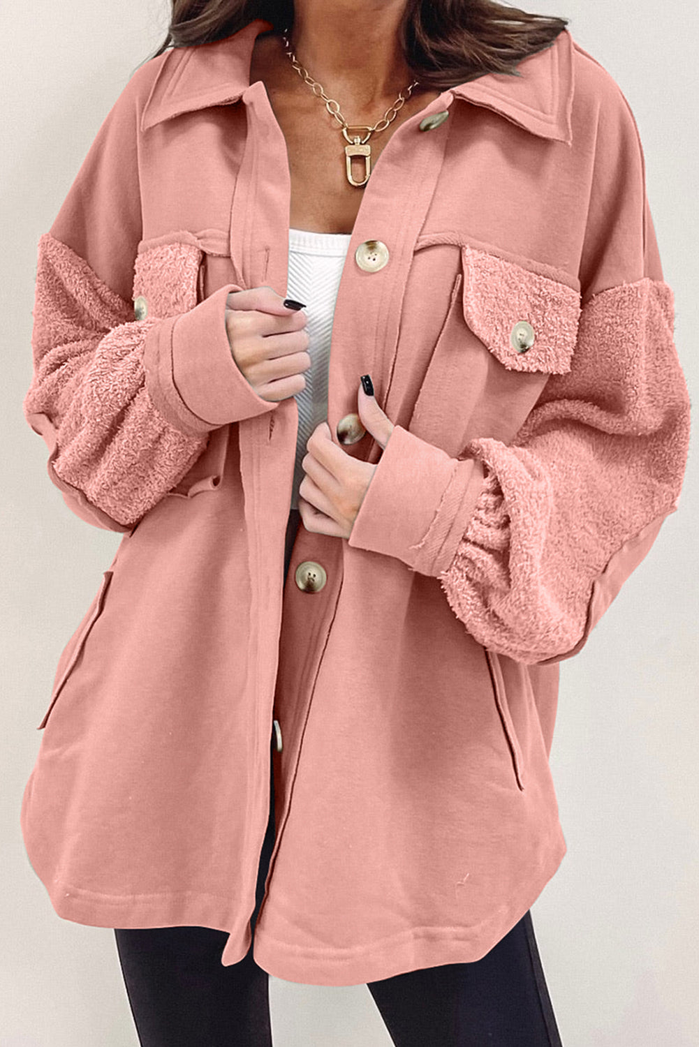 with Oversized Seam Blossom Exposed Peach Shacket Elbow Patch