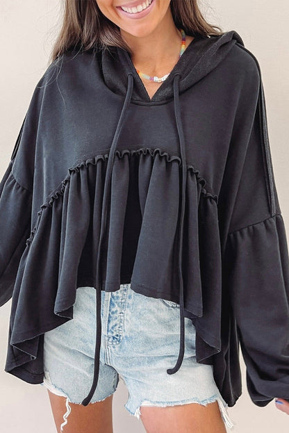 Black Drop Ruffled Oversized High Low Hem Shoulder Hoodie