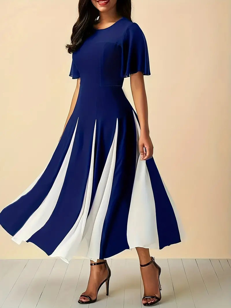 Blue A-line Dress with Flutter Sleeves and Round Neck Contrast Color