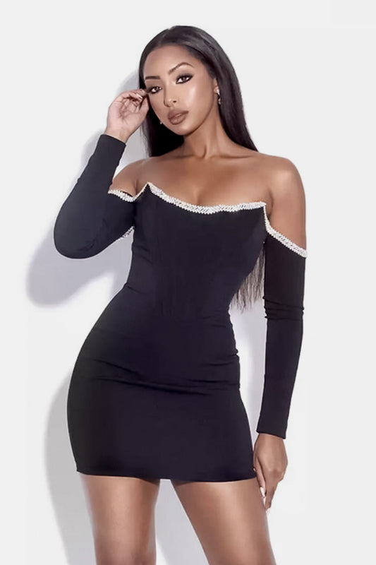 Off-Shoulder Long Sleeve Mini Dress with Rhinestone Detail