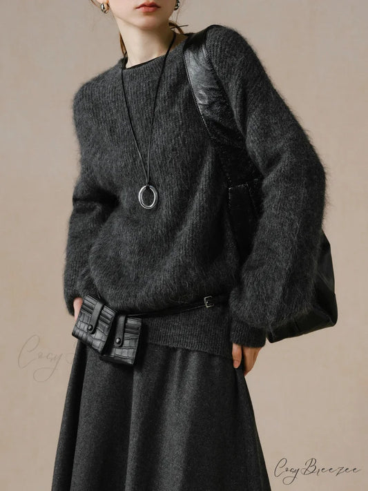55.8% Alpaca Wool Round Neck Sweater Dark Grey / XS swraters-241228