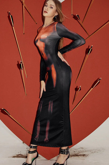 Sexy 3D Body Print Long Sleeve Maxi Dress