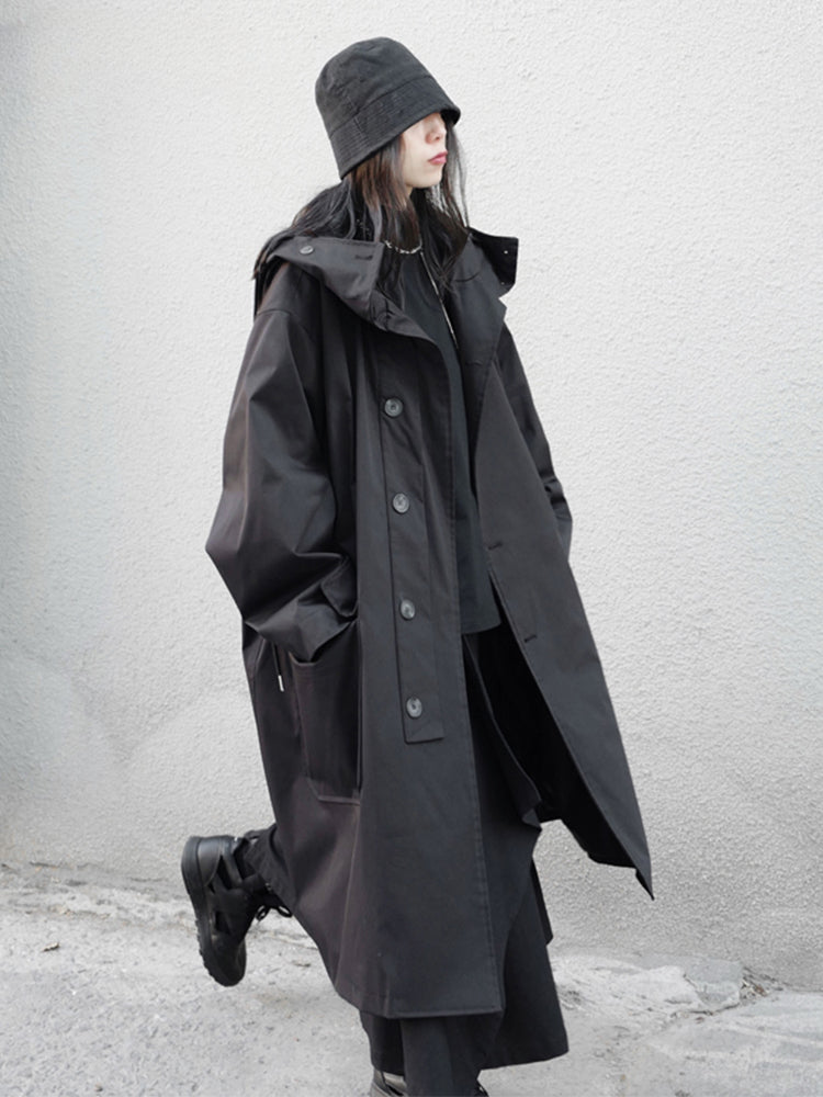 Spring Autumn Long Oversized Black Hood Dark Aesthetic Luxury Designer 2024 Stylish Coat