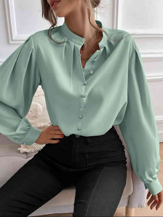 with Blouse Long Front Arm Button Mock Neck