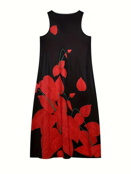 Black Floral Print Notched Neck Dress for Summer