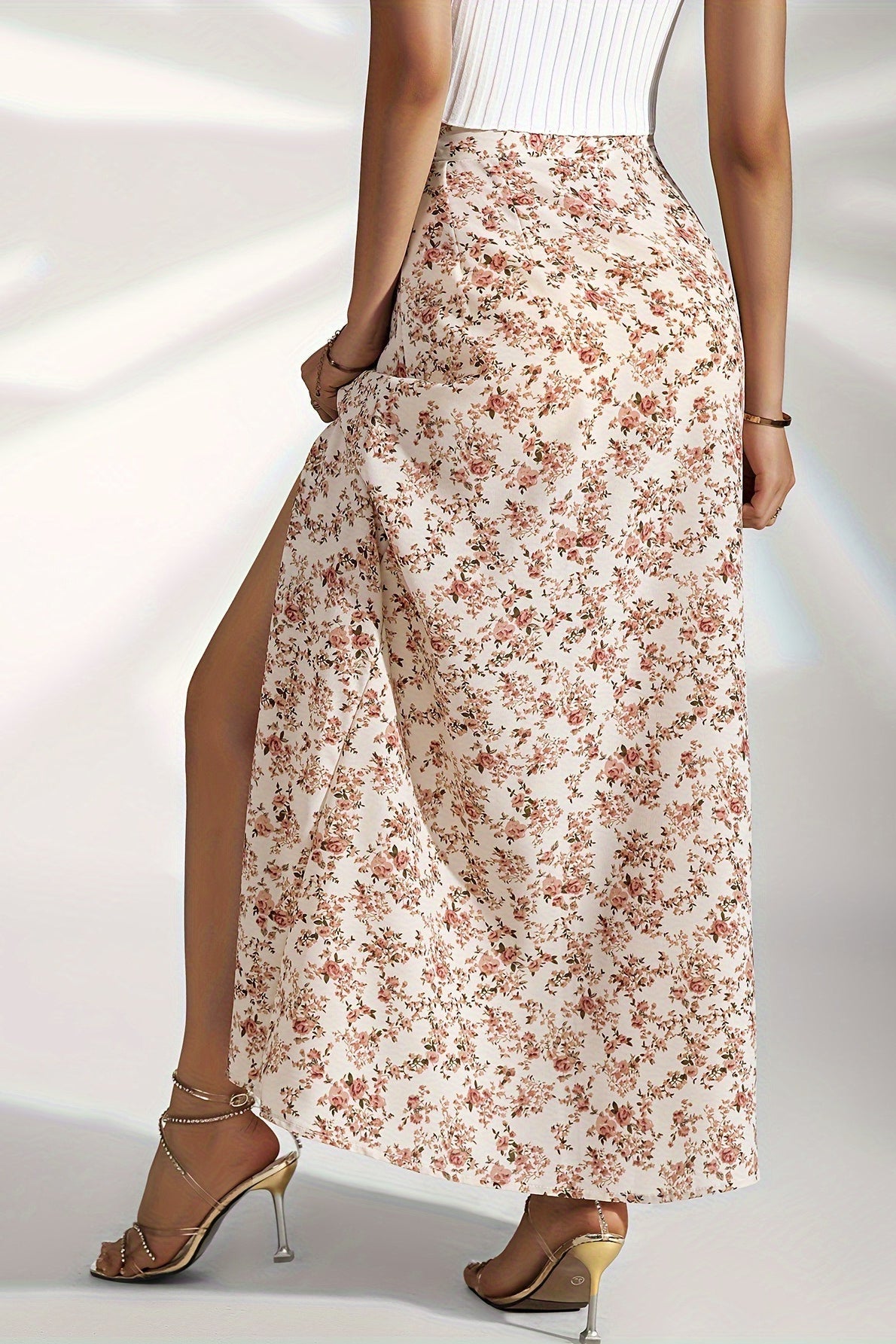 High Waist Split Floral Slim Midi Skirt