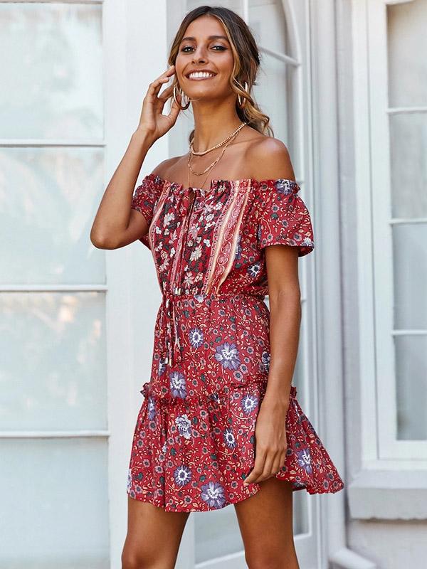 Summer Off-Shoulder Mini Dress with Print