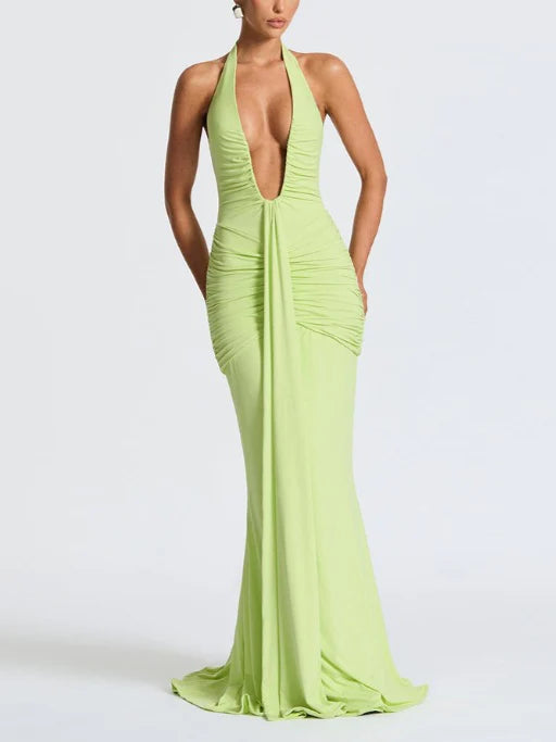 Solid Color Halter Neck V-Neck Backless Fishtail Party Dress