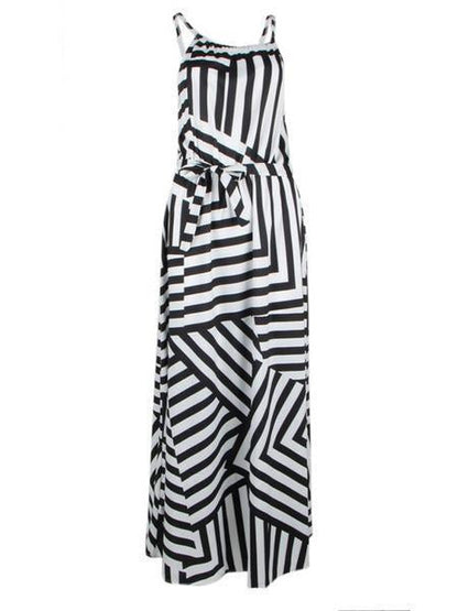 Asymmetric Striped Halterneck Maxi Dress in White and Black