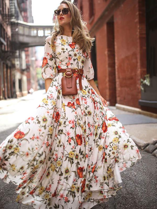 Bohemia Gown Full-Length Neck Half with Round and Flowered Sleeves