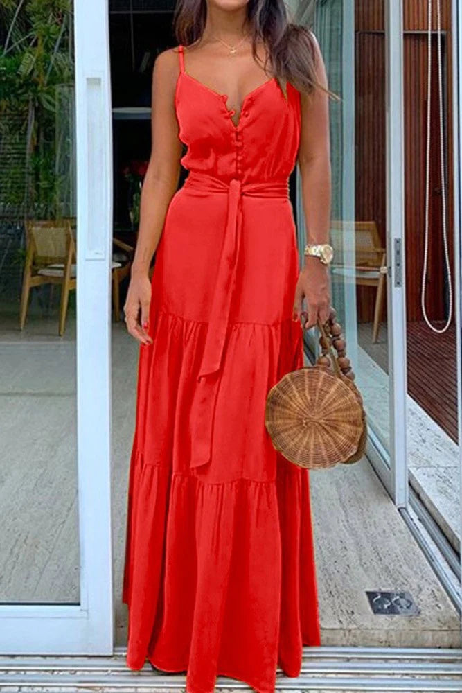 Spaghetti Strap Button Bandage Maxi Dress