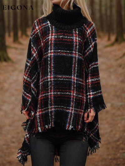 Cosybreezee - Turtleneck Plaid Raw Hem Sweater Fashion Poncho