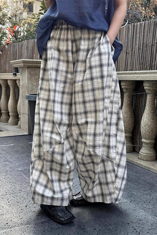 Casual Plaid Ruched Wide Leg Pants