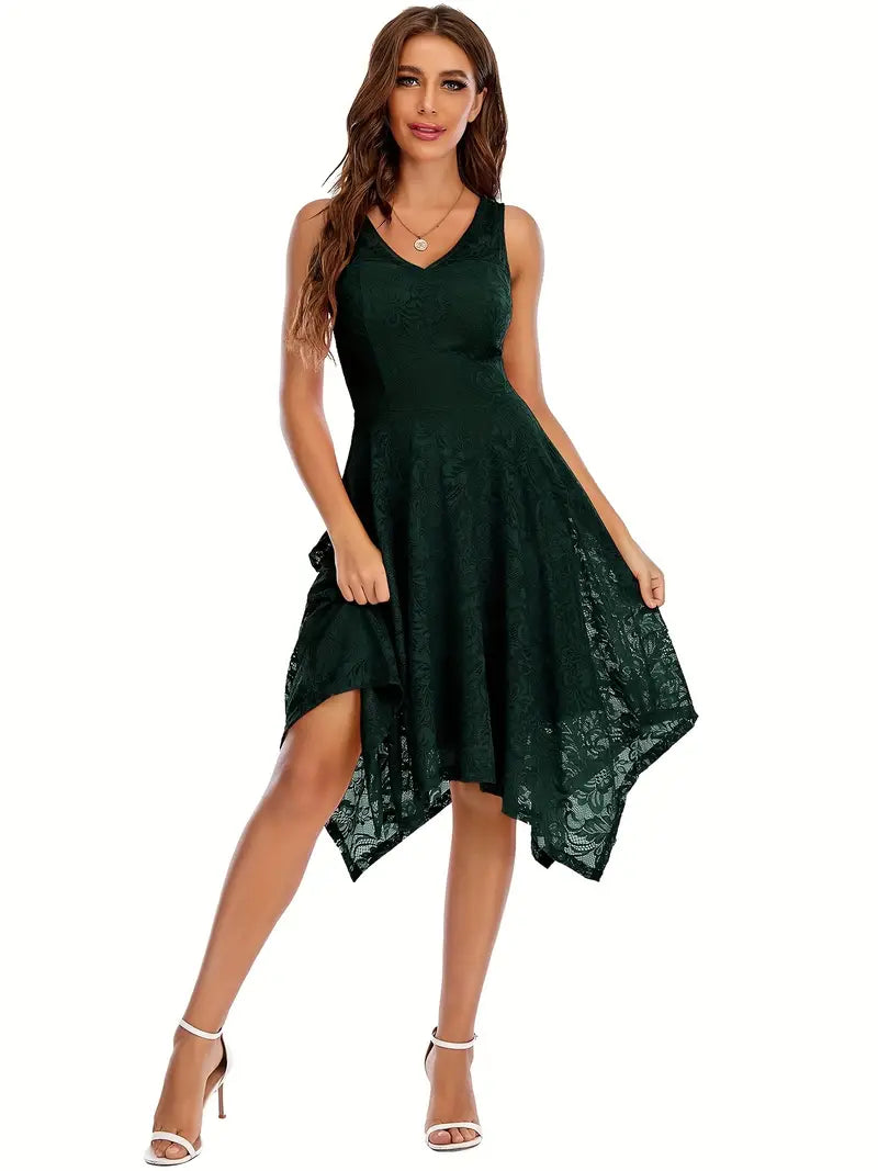 V Neck Lace Dress with Asymmetrical Hem