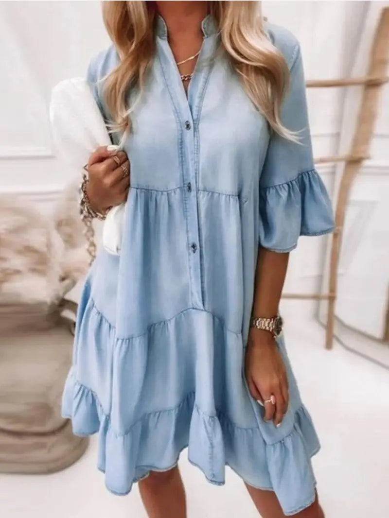 Blue Ruffles Midi Denim Dress