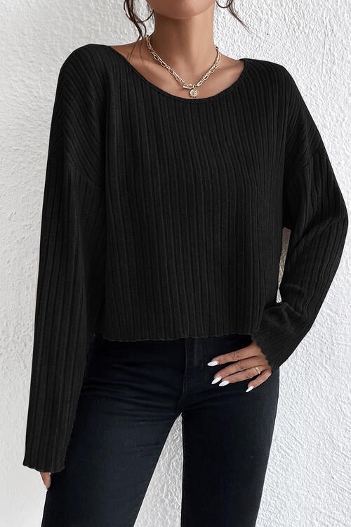 Shoulder Round Ribbed Neck Arm Long Drop Shirt