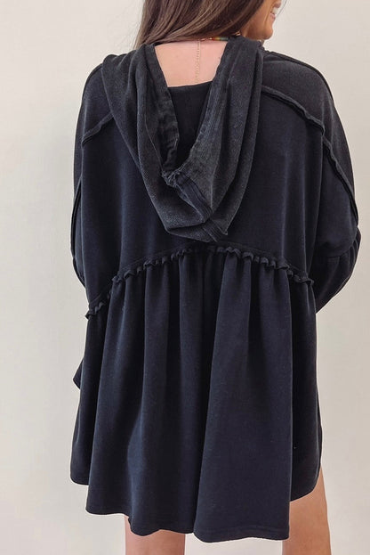 Black Drop Ruffled Oversized High Low Hem Shoulder Hoodie