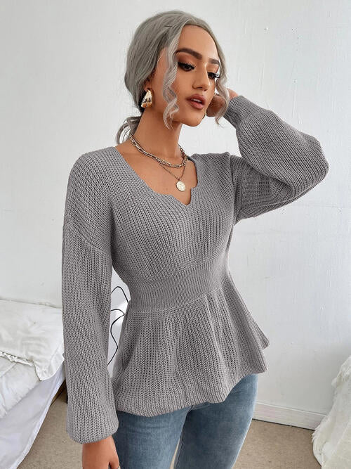 Shoulder Arm Knit Notched Dropped Top with Long Detail