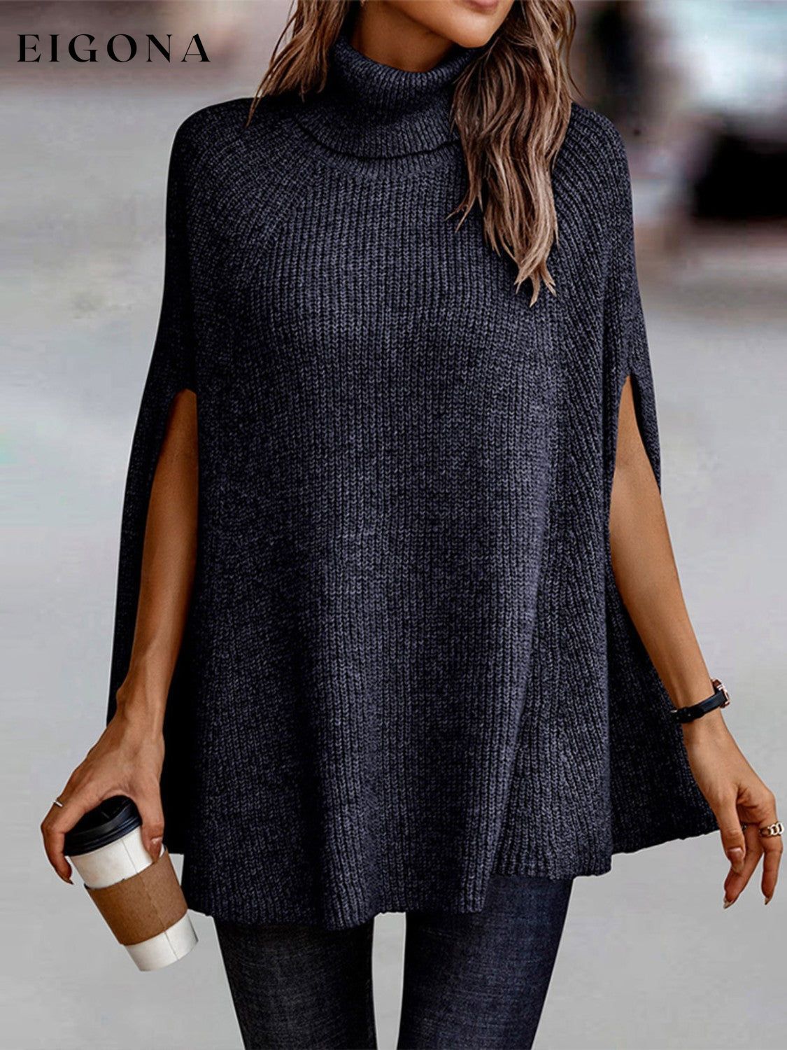 Cosybreezee - Turtleneck Dolman Sleeve Poncho Fashion Sweater