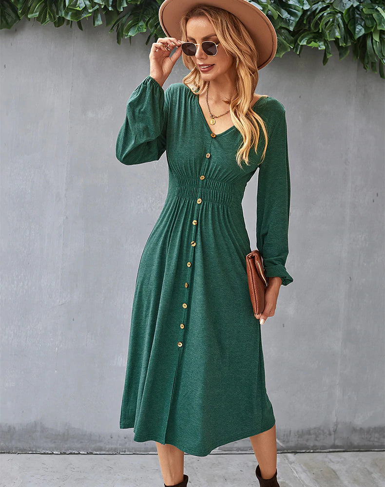 V-NECK LONG SLEEVE A-LINE DRESS