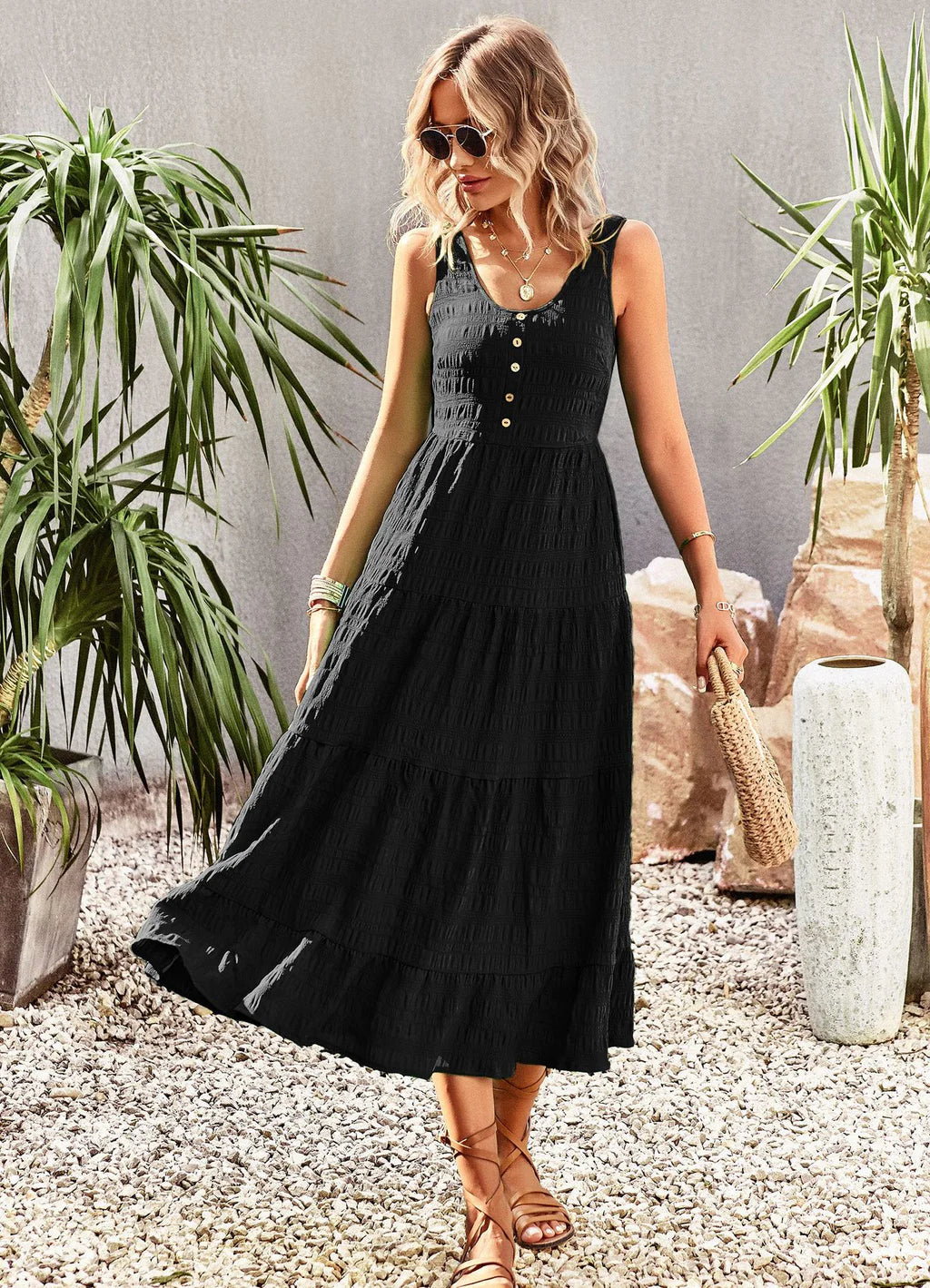 U-Neck Solid Color Dress with Strap