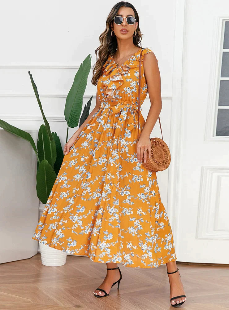 V-Neck Floral Pleated Dress